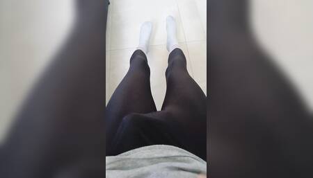 Having fun at home in the morning, wearing a black zentai and socks