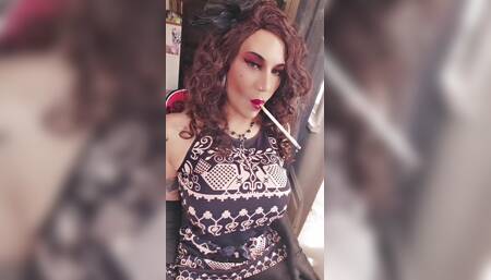 Hot Brunette trans girl smoking long cigarettes, knows you're watching
