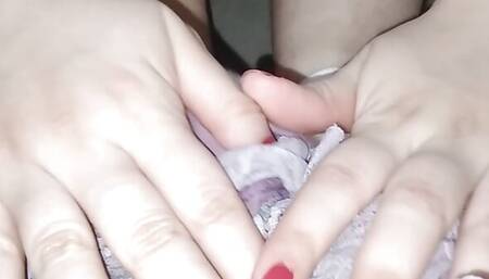 Watch my feet with slippers, stockings and stepping on my panties...