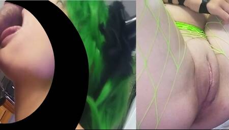 The best blowjob ever from green hair punk girl wearing devil horns & fishnets.