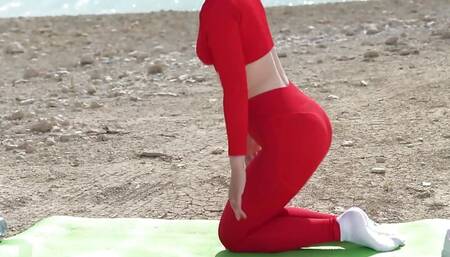 Doing Yoga Stretching Nerby Beautiful Lake