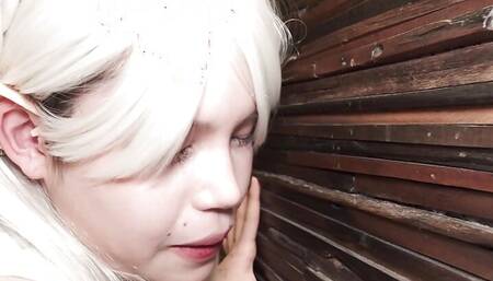Japanese skinny cosplay Miu Akino in bed alone masturbating with a sex toy .