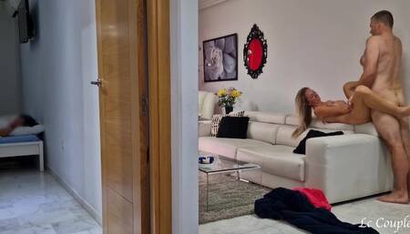 Couple's girlfriend heard moaning and went to check out what her friends are doing in the next room