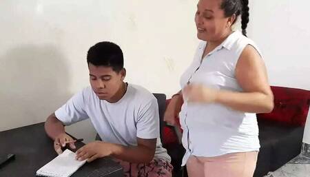 Stepmother Naty assists me with hard erection, she's an expert