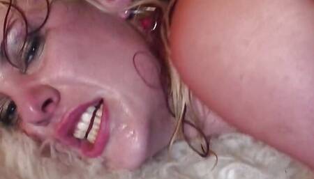 Blonde whore in glasses and stockings get all holes filled with cock