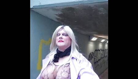 Sissy walking along an underpass in Lancashire
