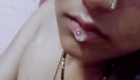 Deep throats fucking my wife. Full cum inside in mouth .she is eating my creampie
