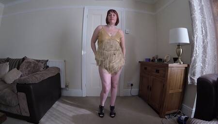 sexy wife striptease in evening dress and heels