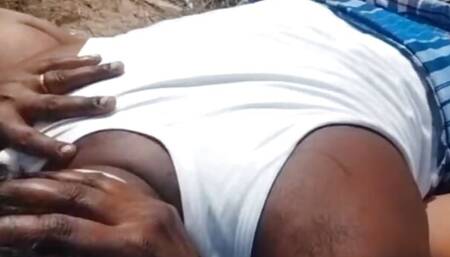 Indian Husband fingering and fucking chubby pussy outside