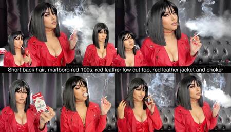Short black hair, marlboro red 100s, red leather low cut top, red leather jacket and choker