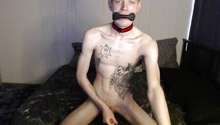 Endo jerk off and cum with collar and gag