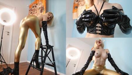 Katya in tight gold leggings and her new shiny bra