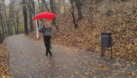 outdoor fur coat tease, poping balloons