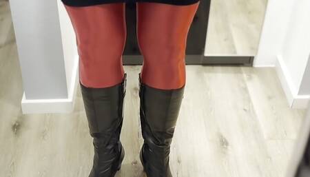 I squirt a big load of while wearing a black skirt, red nylon tights and high black leather boots