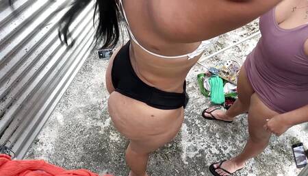 Women Change Swimsuits Outdoors