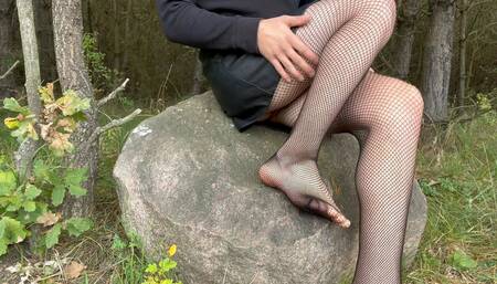 Teen boy short skirt with fishnets no pants tease, strip and masturbate in forest for daddy