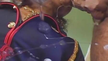 Dirty ebony babe eats cum after hot interracial threesome