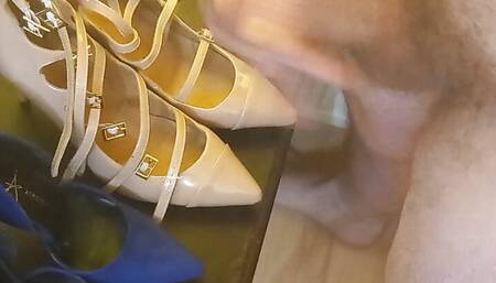 The fetishist masturbates with the heel of blue suede high heels and cums on the second pair of shoes with straps
