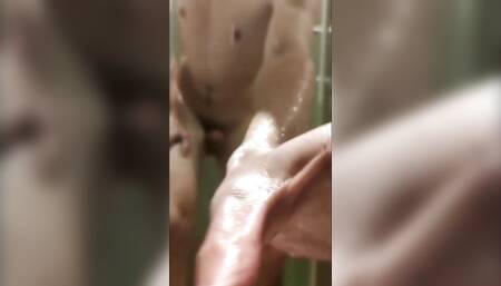Young Guy Jerks Sensitive Cock While Taking a Shower