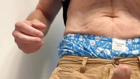Jerking my big dick in the bathroom. I have a super hard-on and lots of precum! Verbal. Sagging in my boxers and shorts