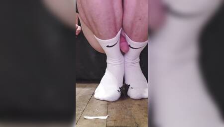 Self Sockjob and Cum in White Nike Elite Socks