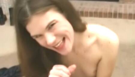 A skinny flat-chested brunette sucking a small dick like a pro