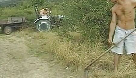 Two Field Workers Fuck Their Asses and a Babe Pussy Outdoor on the Tractor
