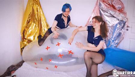 Q965 Cosette pierces Stashia's huge balloon many times till it pops - 480p