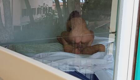 Caught neighbors fucking in front of open window, i love watching ass of that hot milf while she riding huge cock