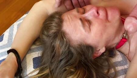 Submissive blonde handcuffed, choked and rammed in the pussy
