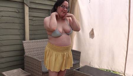 Sexy Wife in Yellow Miniskirt and Bikini Top with Big Boobs