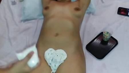 hubby eats her cheating wife pussy with whipped cream in her tits and her cunt