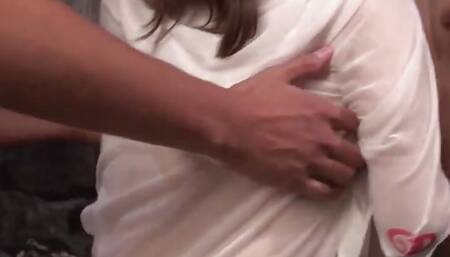 Saya Niiyama, the sexy Asian beauty, offers a fellatio and BJ's her boypatron's man rod until he jizzes hard.