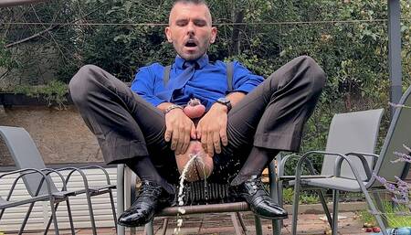 Suited Man With Locked Dick Is Playing With His Man Cunt And Pissing In Sheer Socks