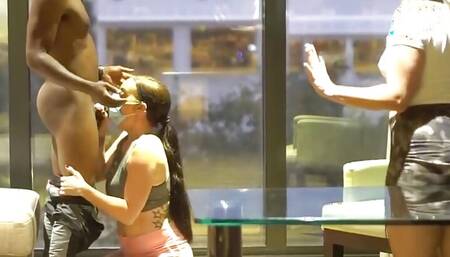 Amazing 2 Girl Covid Blowjob Through the Mask!