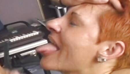 Short-haired cougar eats cum for employment
