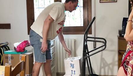 Unfaithful brunette wife cheats on her husband and hard with the moving guy-Dialogues English- Honey ans Biscuits