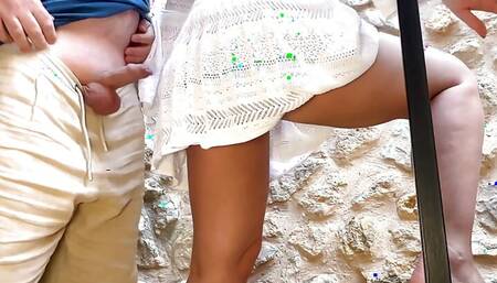 Outdoor City Quickie on Stairs with Girl in White Tight Bodycon Dress