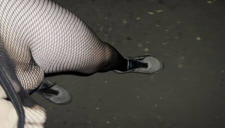 Night walking in pantyhose close road teen boy flash 2