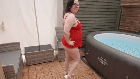 Wife with big breasts posing in sexy red lingerie