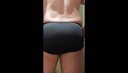 Wank and cum in a random guys black speedo