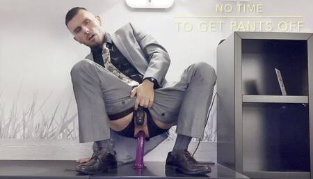 Bussinesman in suit and tie has sex on the office desk and male anal orgasm. Men is squirting like a girl