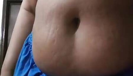 BIG BELLY FETISH AUNTY Playing with big belly  an big tits -  on paid group call of 5- belly bottom squeezed and big boobs shaking