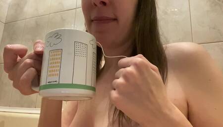 MILF Drink Water and Tea and Then Pee From Hairy Pussy