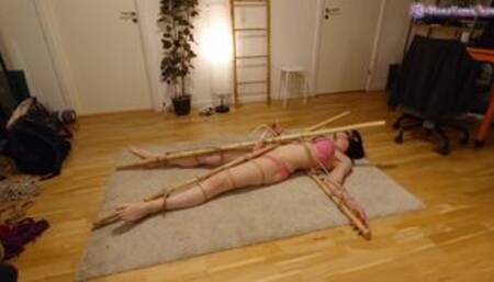 Tickle & vibrator torture with gag & blindfold: Girl spread eagle tied to bamboo