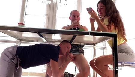 Sucked His Friend Dick Under the Table Until His Wife Sees