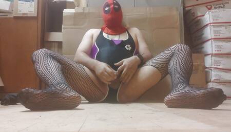 Hands free masturbation in cum dressed in bathing suit and open crotch pantyhose