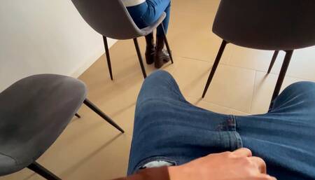 I pull down my pants and surprise the redhead who is dressed in jeans who helps me give me a in the dentist's waiting room