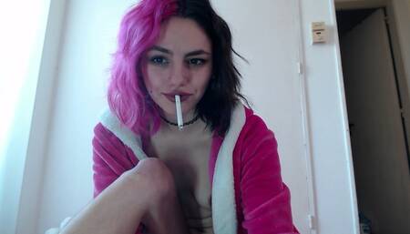 Smoking while riding a monster dildo