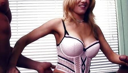 Busty blonde slut taking two loaded cocks at the same time